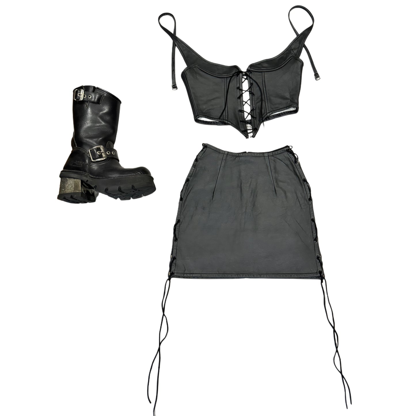 Black leather vintage corset top & skirt