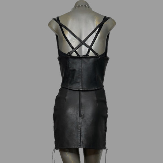 Black leather vintage corset top & skirt