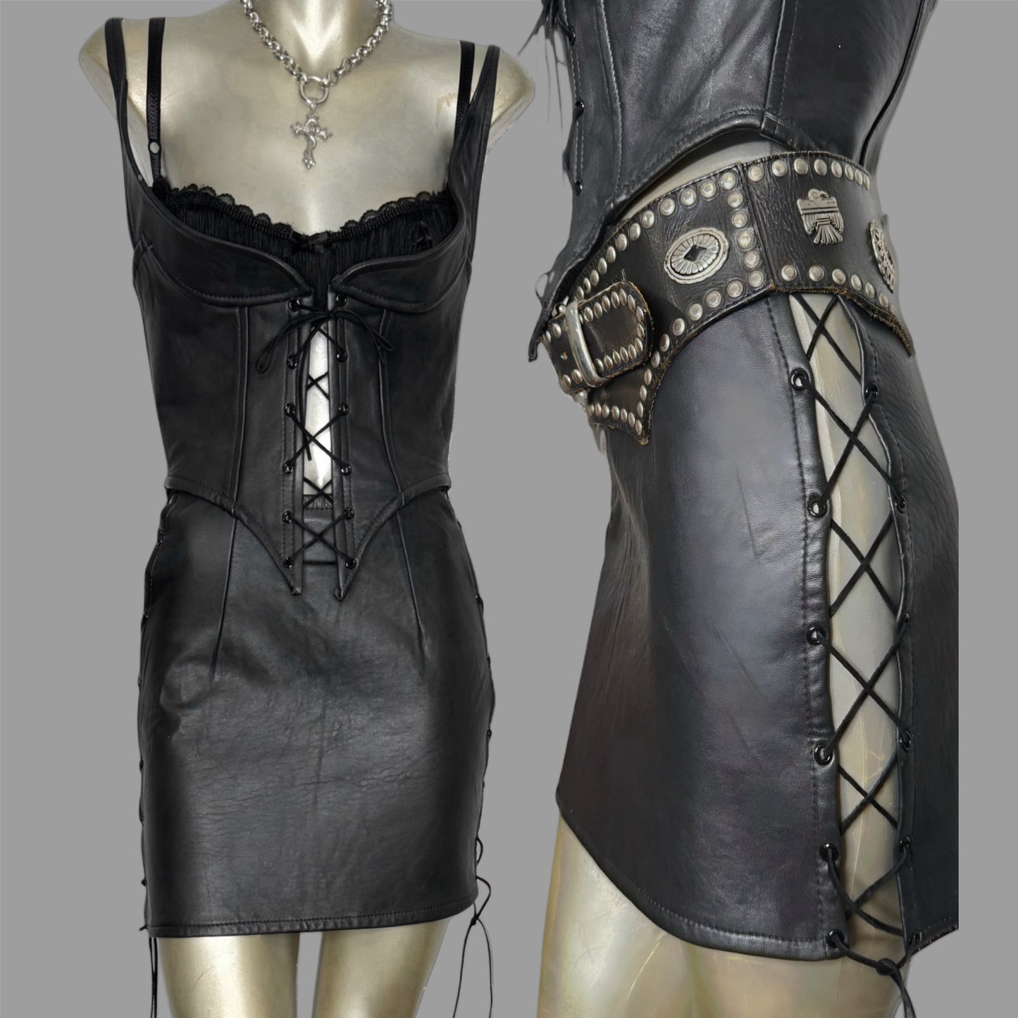 Vintage leather corset top & skirt