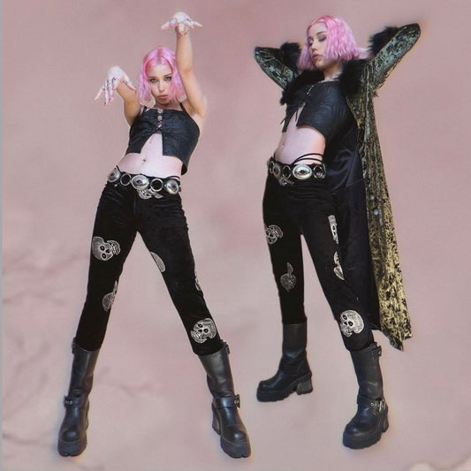 VINTAGE 90s BETSEY JOHNSON VELVET SKULL PANTS