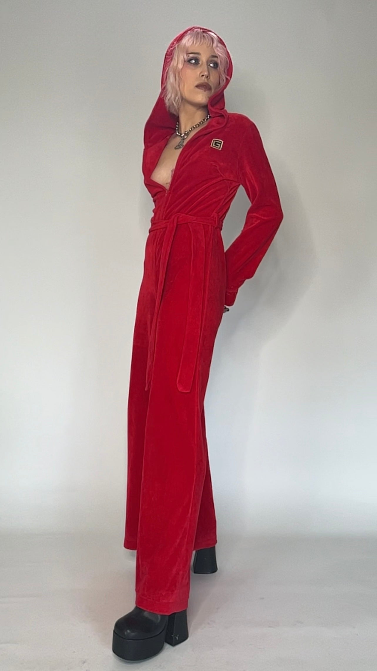 70s RED VELOUR JUMPSUIT