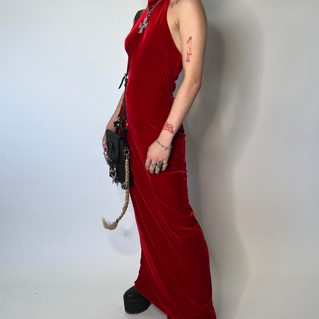 VINTAGE RED VELVET HALTER DRESS