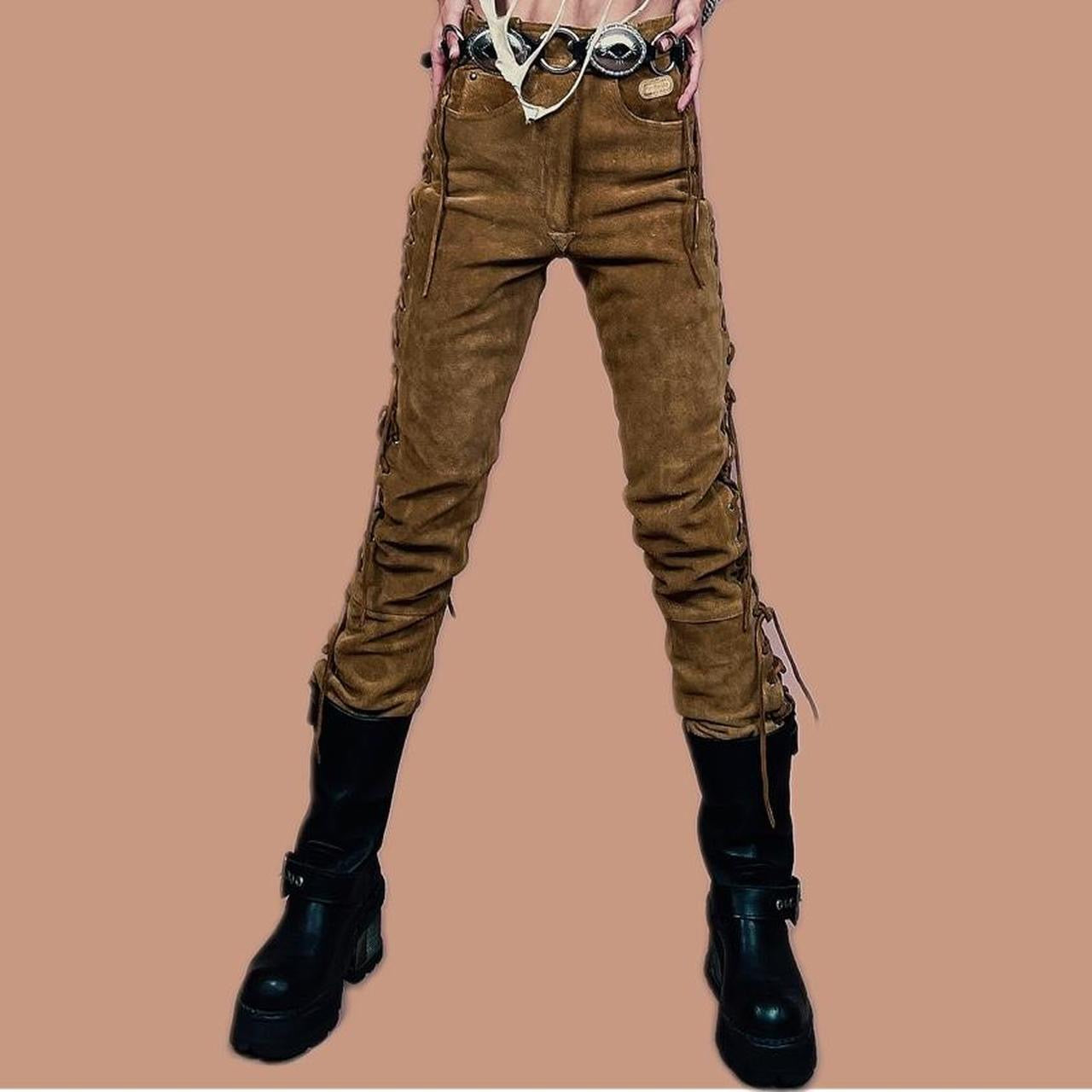 Tan suede lace up rockstar biker pants