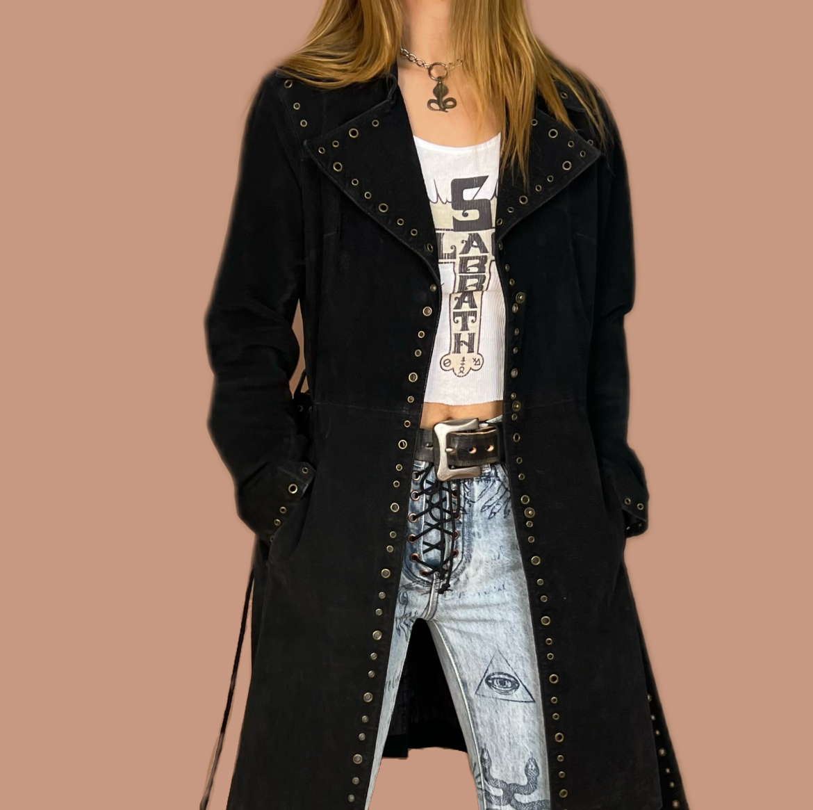 VINTAGE BLACK SUEDE studded eyelet coat
