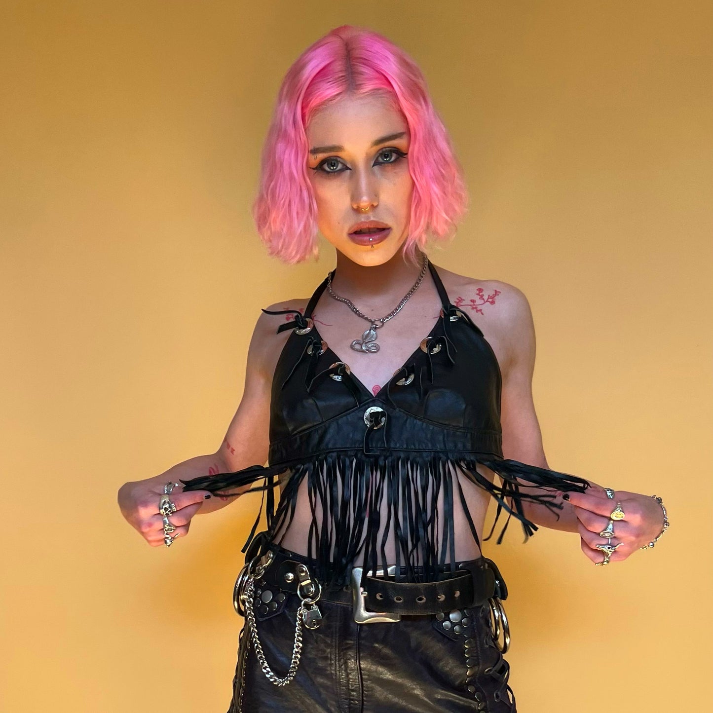 BLACK LEATHER 90s FRINGED HALTER TOP