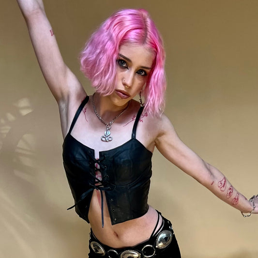 Bikers Paradise Black Leather Lace Up Top