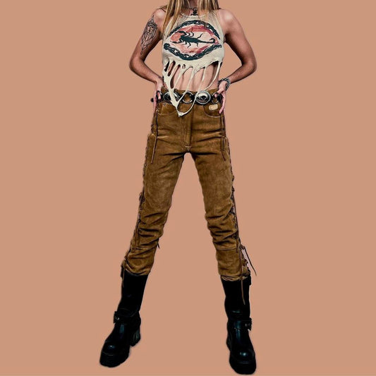 Tan suede lace up rockstar biker pants