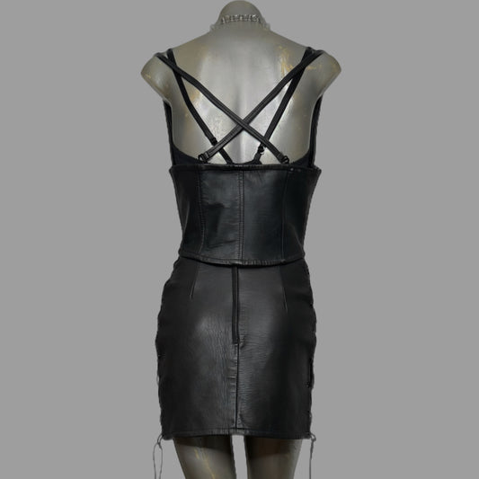 Black leather vintage corset top & skirt