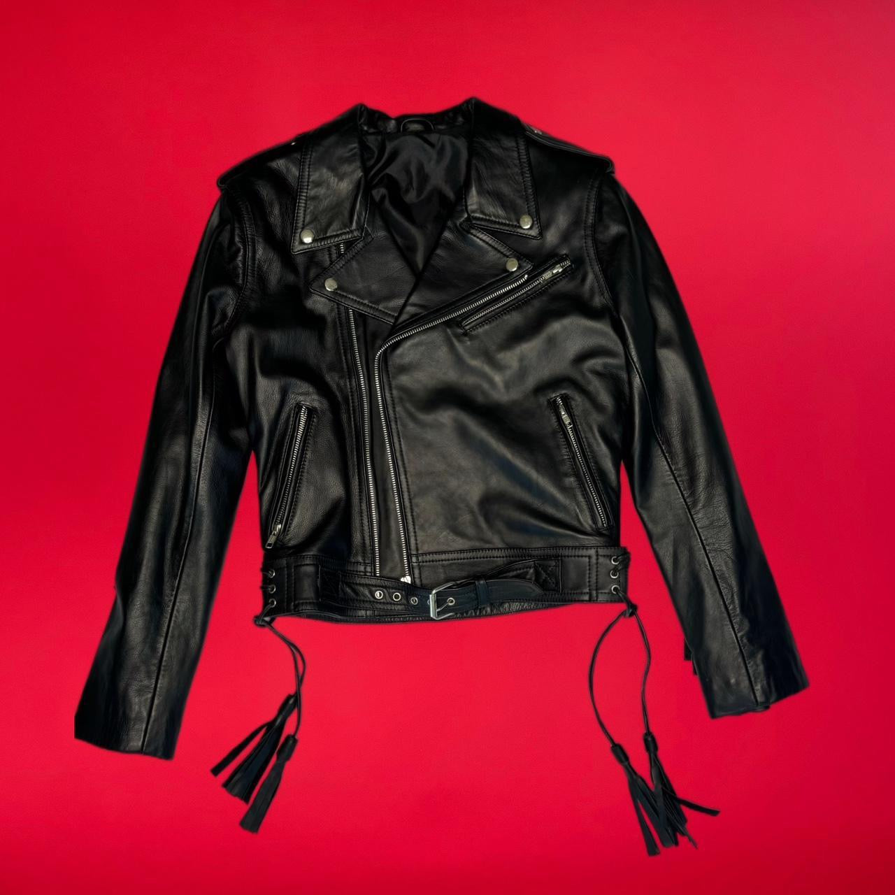 Black leather Fringed / Tassel motorcycle jacket