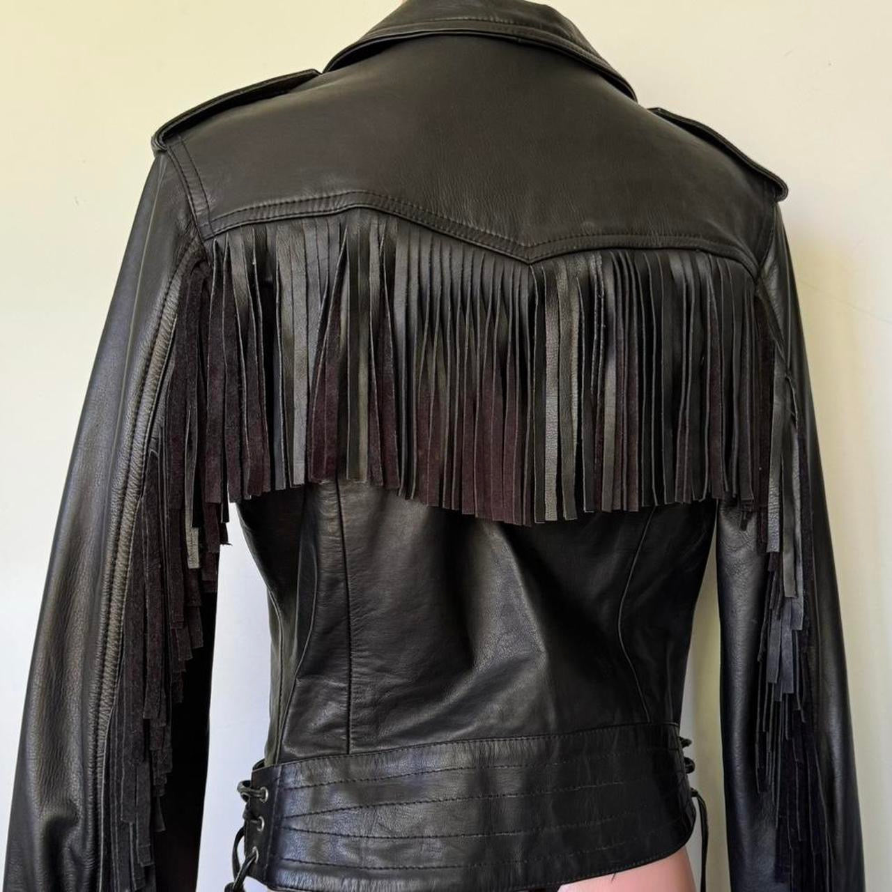 Black leather Fringed / Tassel motorcycle jacket