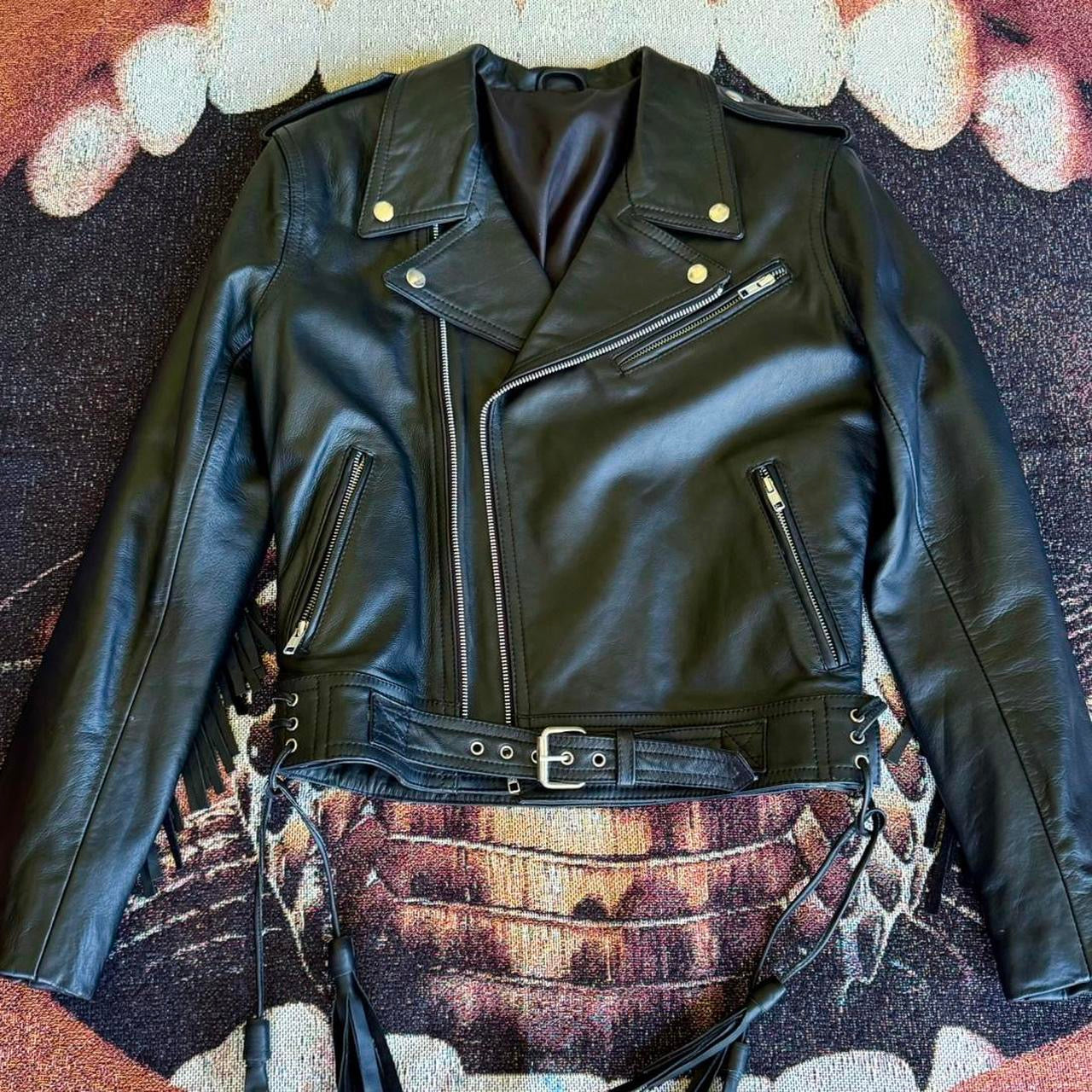 Black leather Fringed / Tassel motorcycle jacket