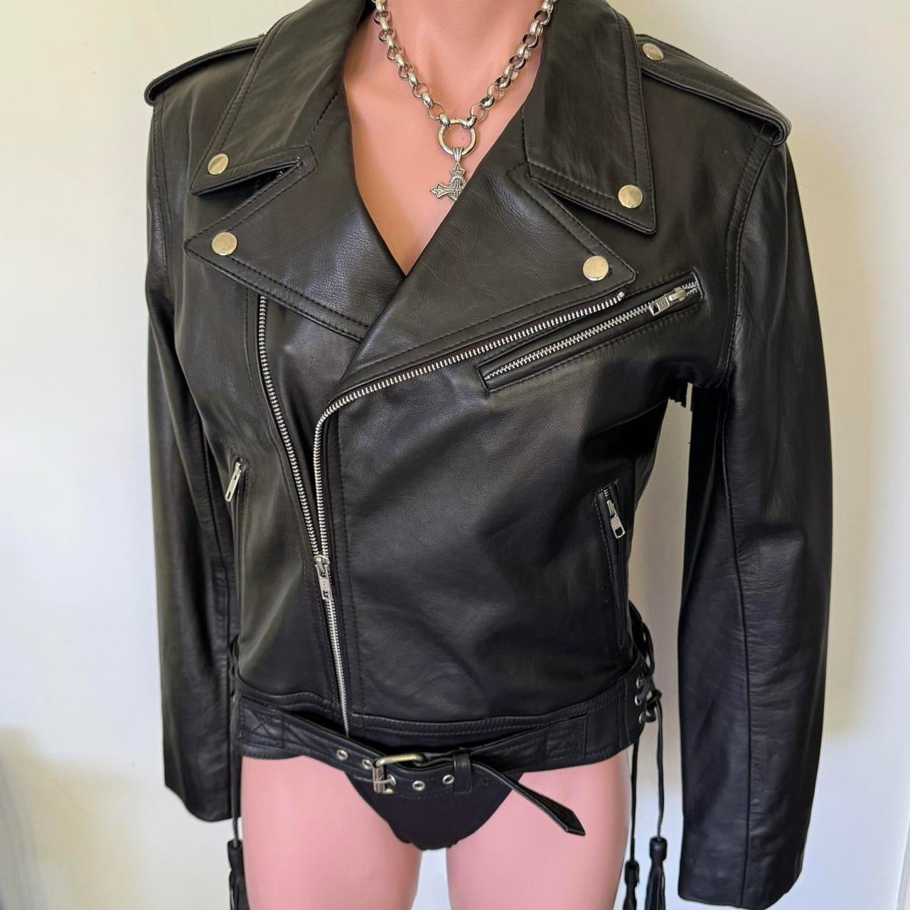 Black leather Fringed / Tassel motorcycle jacket