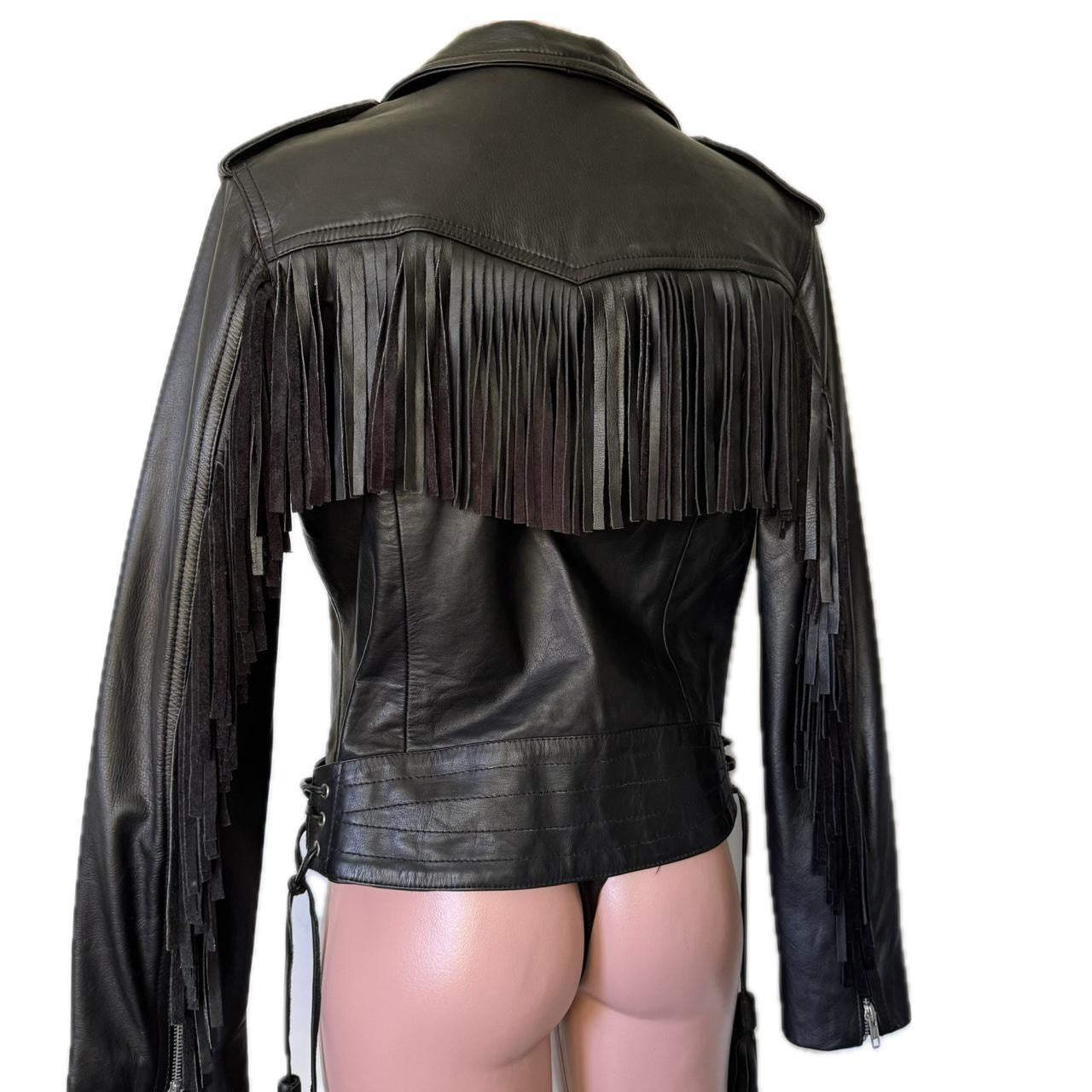 Black leather Fringed / Tassel motorcycle jacket