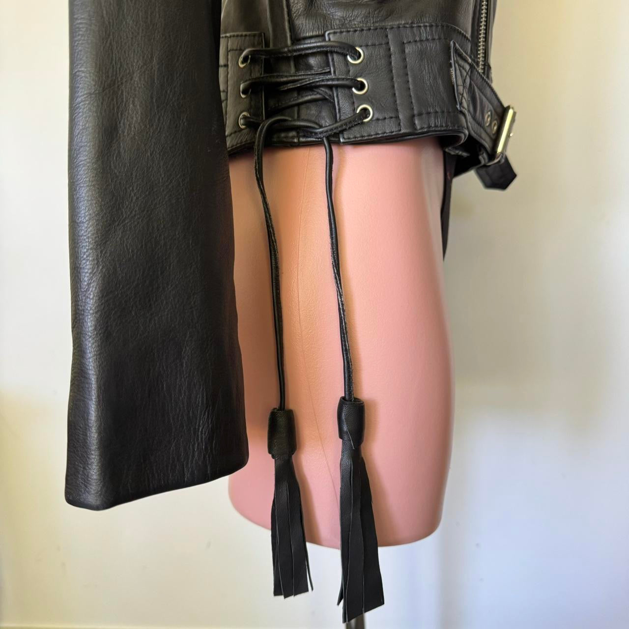 Black leather Fringed / Tassel motorcycle jacket