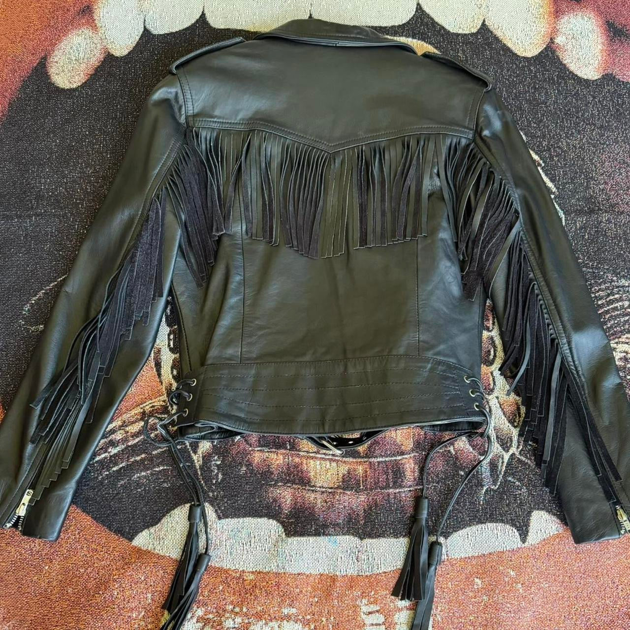 Black leather Fringed / Tassel motorcycle jacket