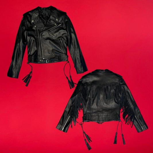 Black leather Fringed / Tassel motorcycle jacket