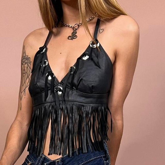 1990's Deadstock Leather concho halter top
