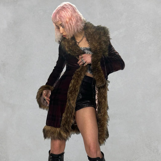 BETSEY JOHNSON VELVET FAUX FUR COAT