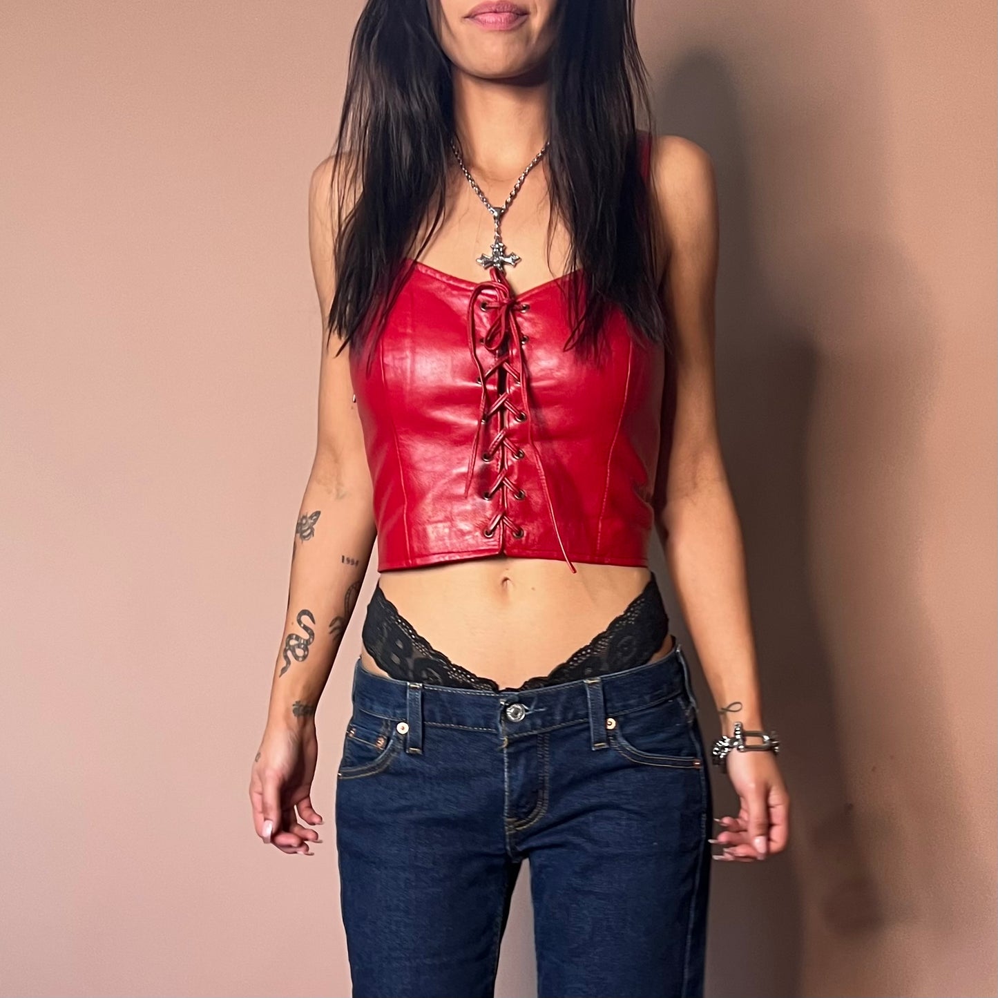 RED LEATHER LACE UP CORSET TOP