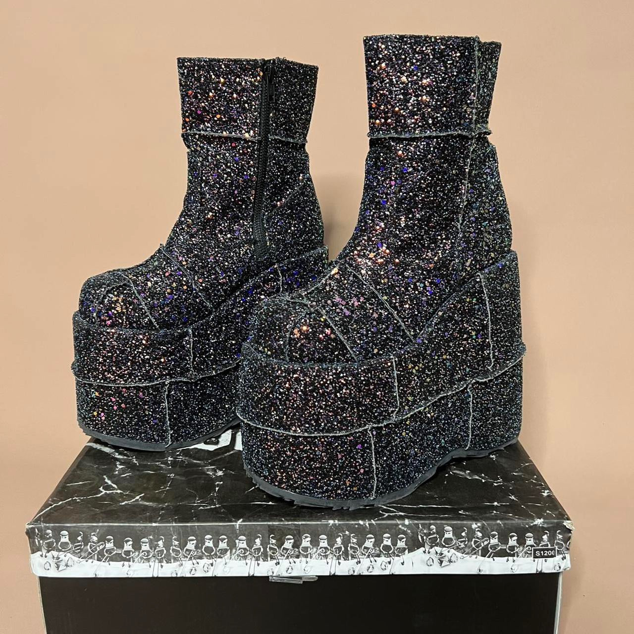 Demonia Black Glitter Stack Boots
