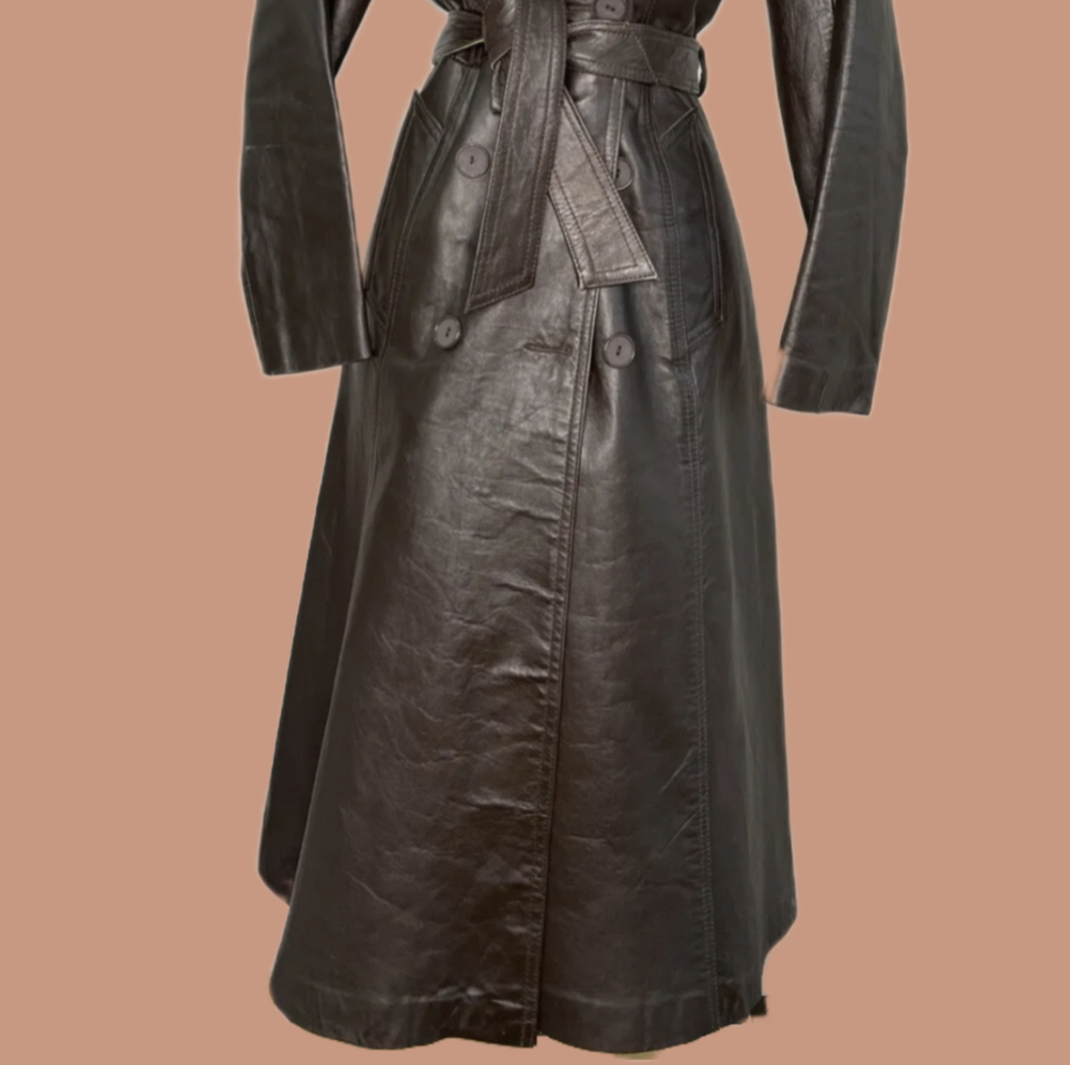 Vintage brown leather spy trench coat