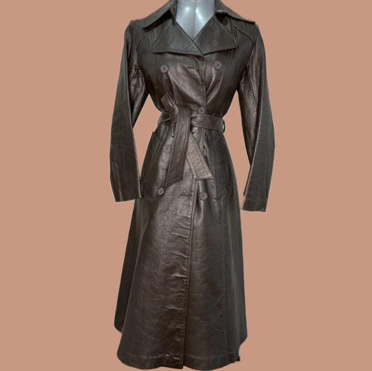 Vintage brown leather spy trench coat