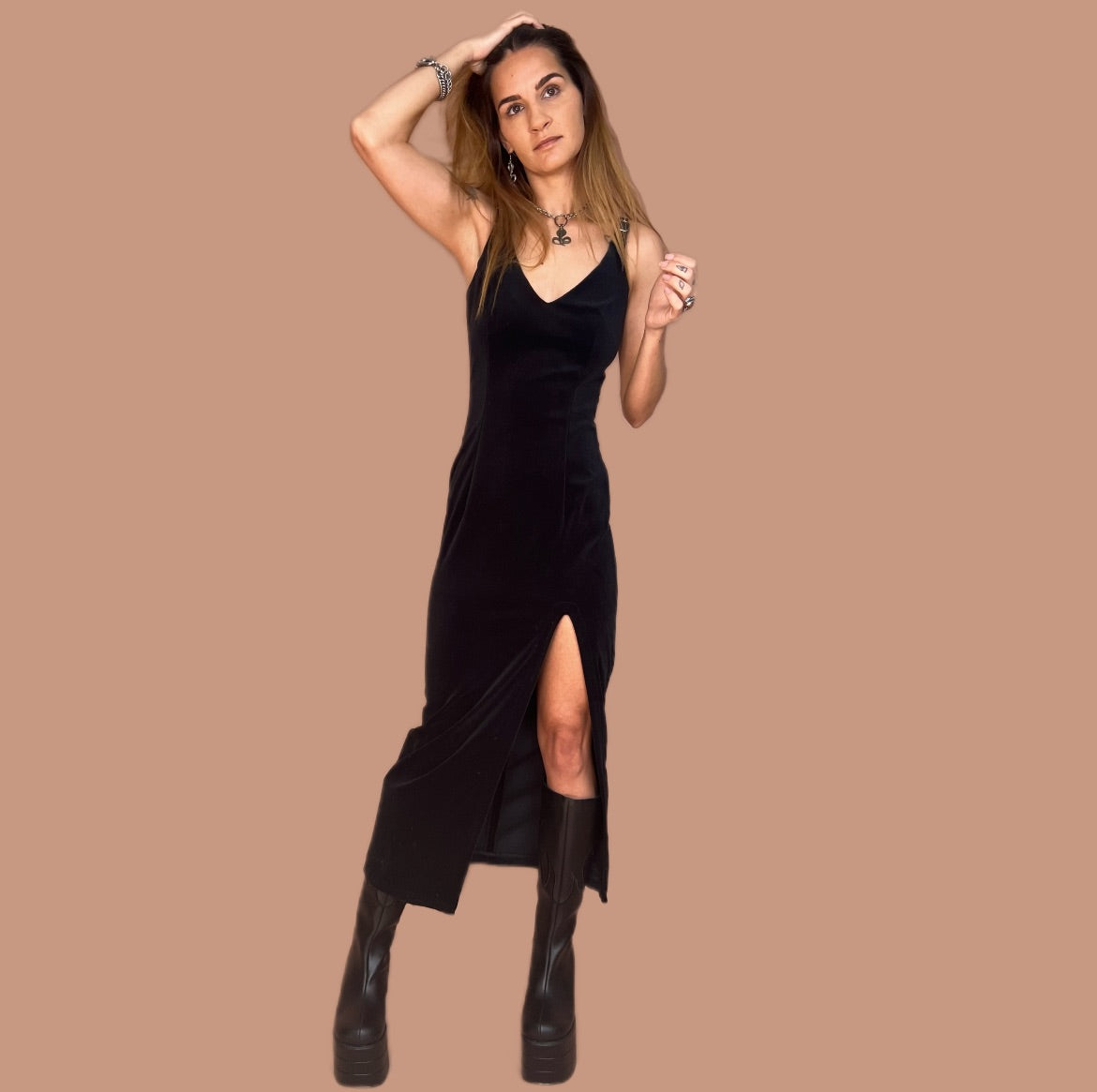 1980’s Velvet Buckled Leather Strap Dress