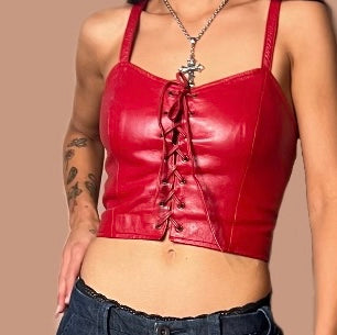RED LEATHER LACE UP CORSET TOP