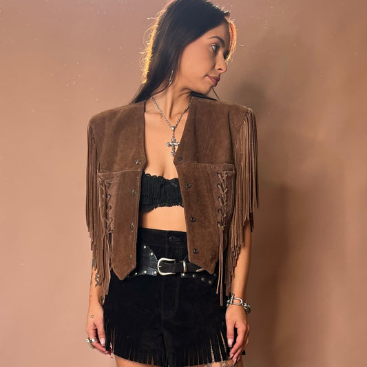 AWESOME VINTAGE SUEDE FRINGED VEST JACKET