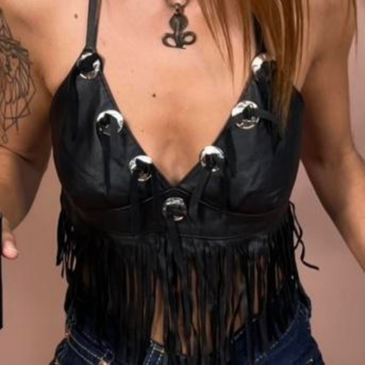 Deadstock 90’s leather concho fringed halter top